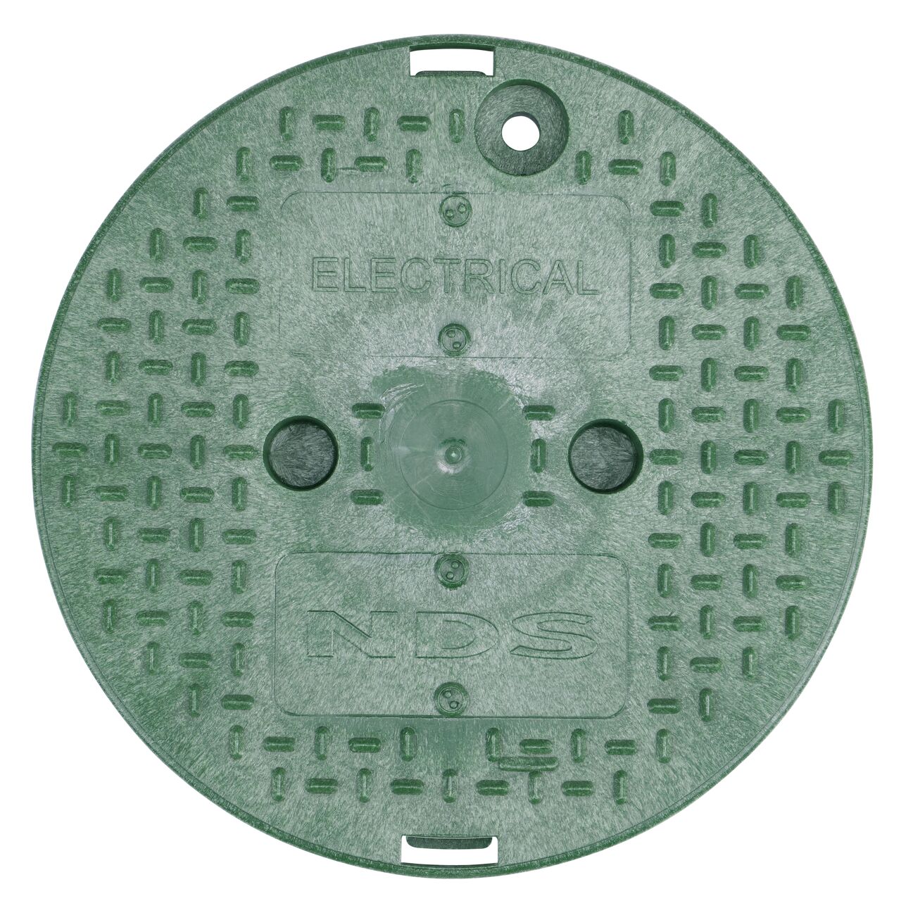 Top down view of the top side of the green electrical cover for the NDS 10 in. Round Standard Series (NDS 112BCE) shows markings, two finger slots to twist and remove lid