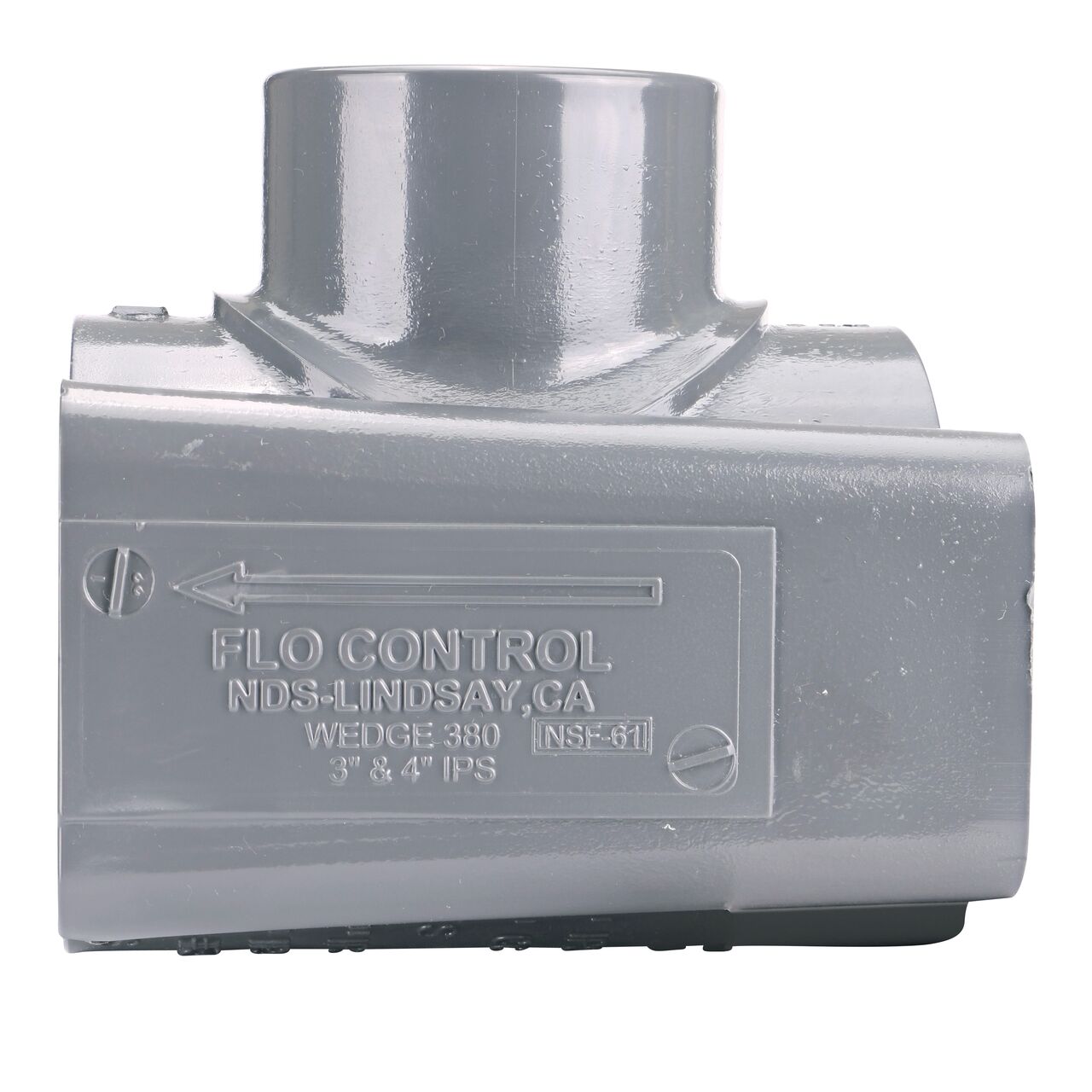 Side view showing patented wedge design in locked position on the NDS Clamp-It™ Rigid PVC Saddle with 2 in. slip connection on top (NDS 453020) for 3 in. PVC pipe