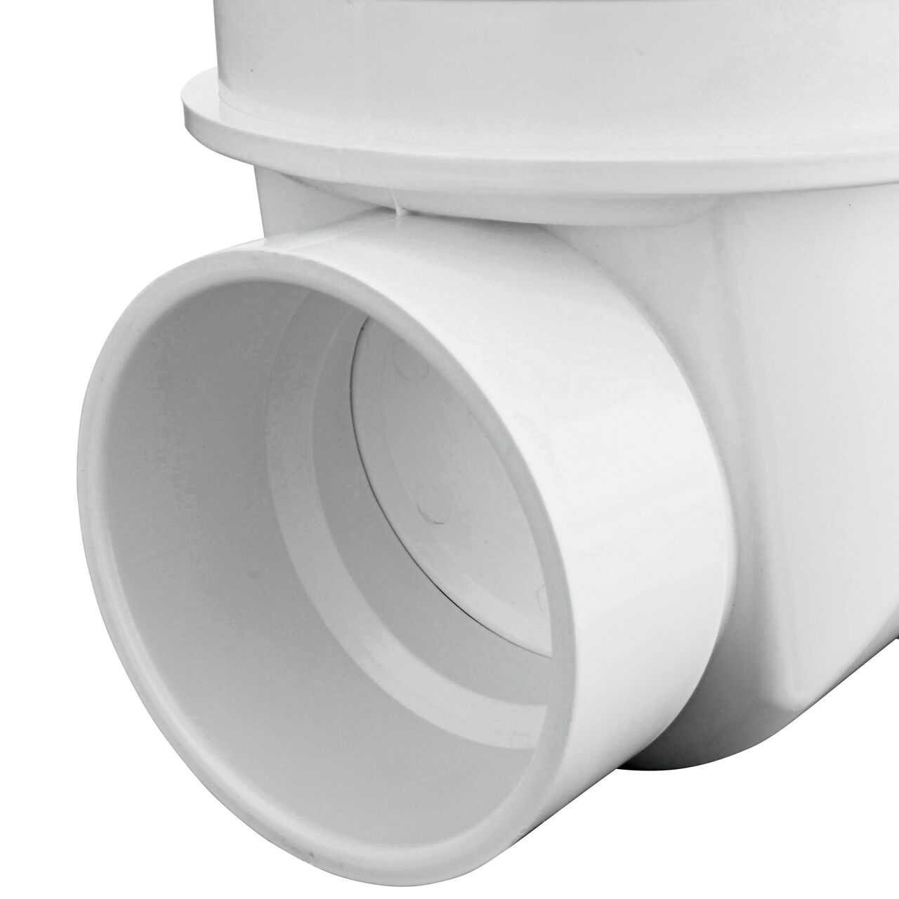 Closeup of the inlet end of the NDS White 3 in. PVC Backwater Valve (NDS 375P)