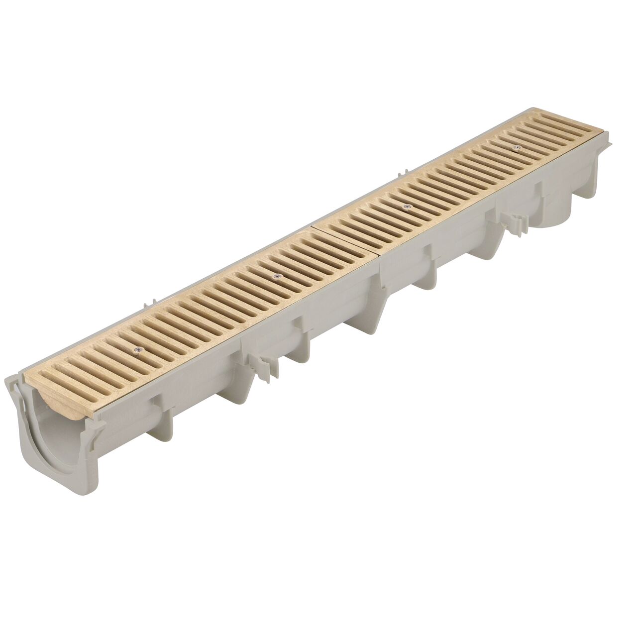 Two sand plastic Dura Slope™ Channel Drain Grate (NDS 664) fits on one Dura Slope Channel Drain (NDS DS-091)