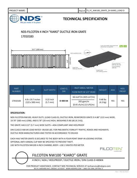 NDS BG-FILCOTEN® 100 Trench Drain Grate Decorative Kiaro Slot Design Ductile Iron Tech Spec