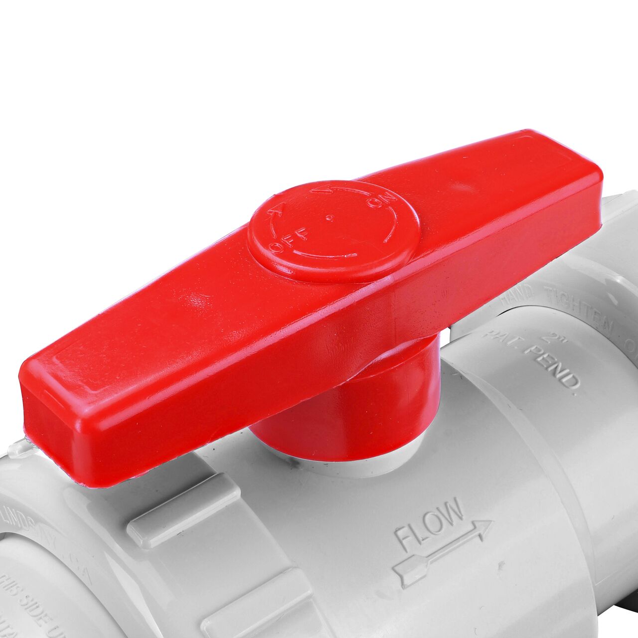 Closeup of the handle on the NDS White 2 in, IPS U X U Checkmate PVC Swing Check and Ball Valve Combination (NDS 2200-20TU)