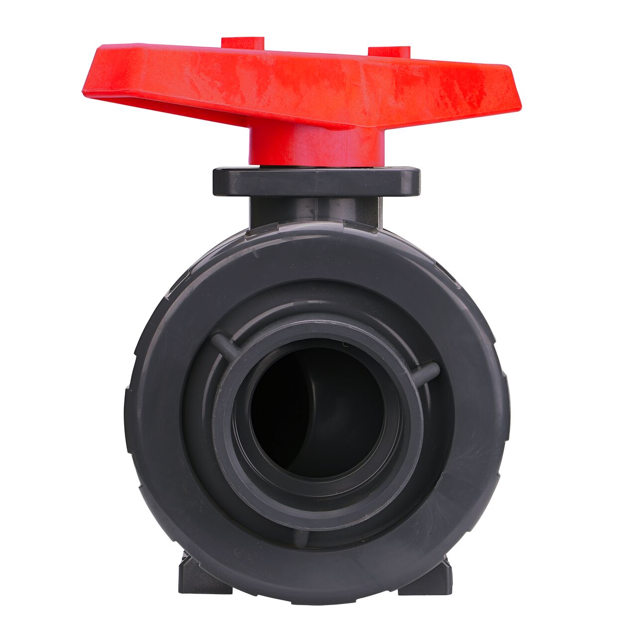 The The 2-1/2 in. PVC Slip True Union Ball Valve (NDS BTU-2500-SE) shown with the connection end removed with the handle in the closed position to show how ball valve provides a shut off point in the system