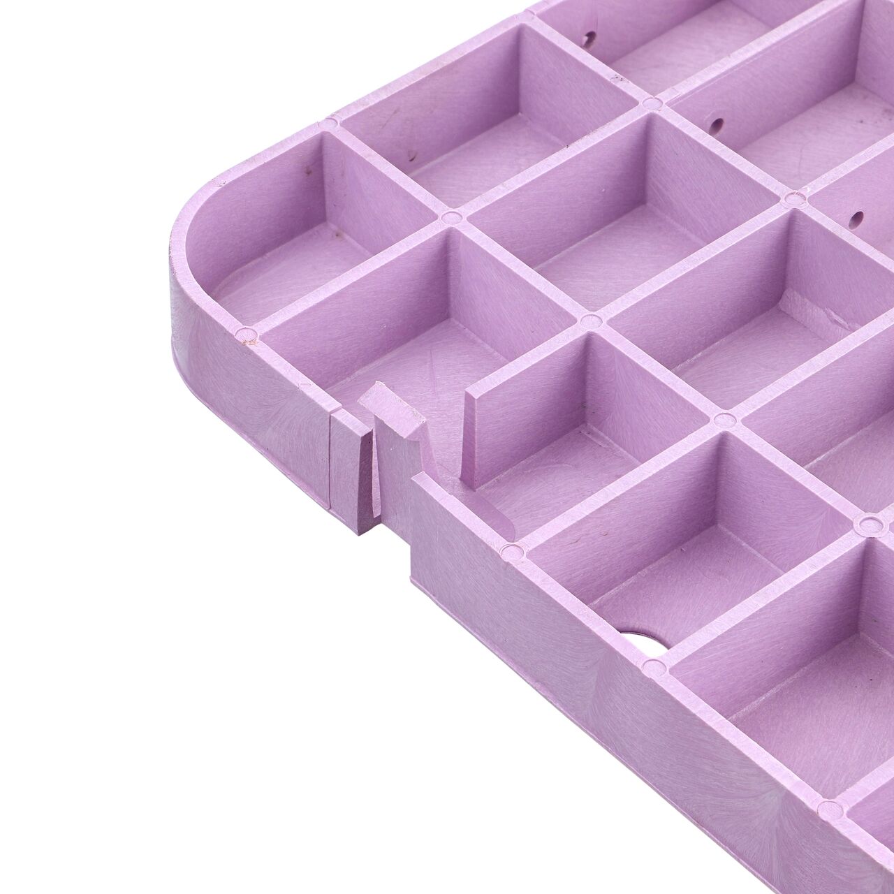 Closeup view of the underside latch on the purple NDS 13 x 20 in. Standard Series Water Meter cover (NDS D1500-DISBL) for the NDS 13 in. X 20 in. Rectangular Standard Series Meter Box