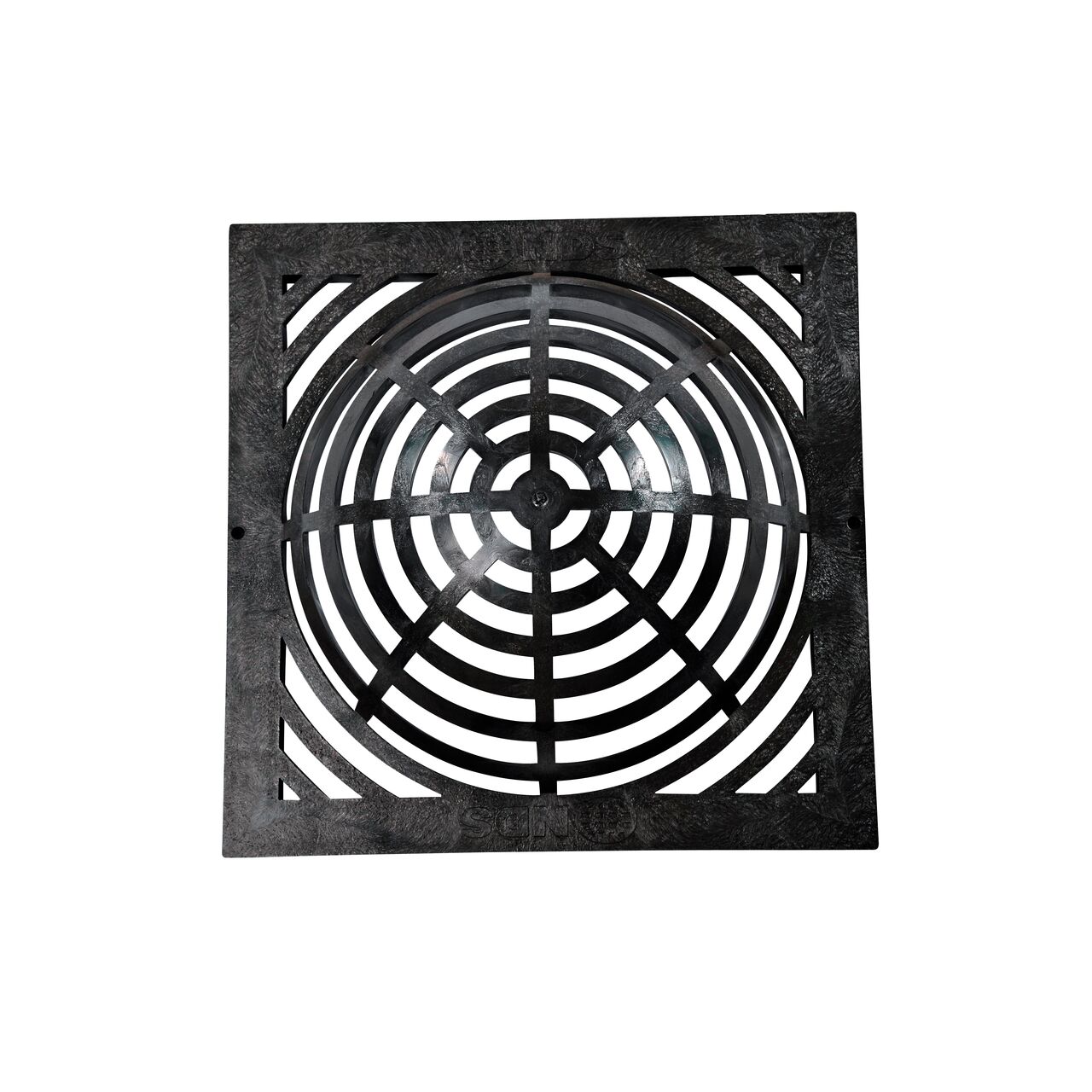 Alternate top down view of 18 in. Square Atrium Catch Basin Drain Grate, Black Plastic (NDS 1881)