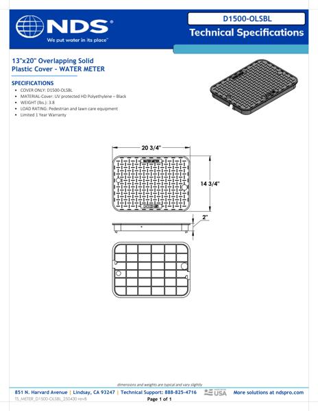 NDS 13 in. X 20 in. Rectangular D1500 Meter Box Cover, Black Water Meter Tech Spec