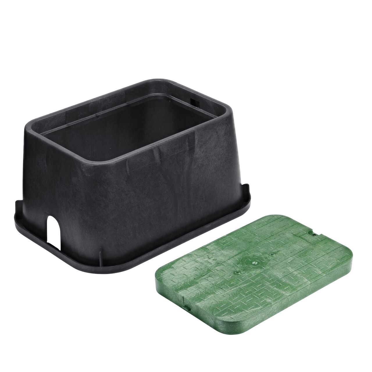 Unassembled View of the NDS 13 in. X 20 in. Rectangular Standard Series Black Box and Green Irrigation Control Valve Cover (NDS 117BCD) showing the drop-in cover