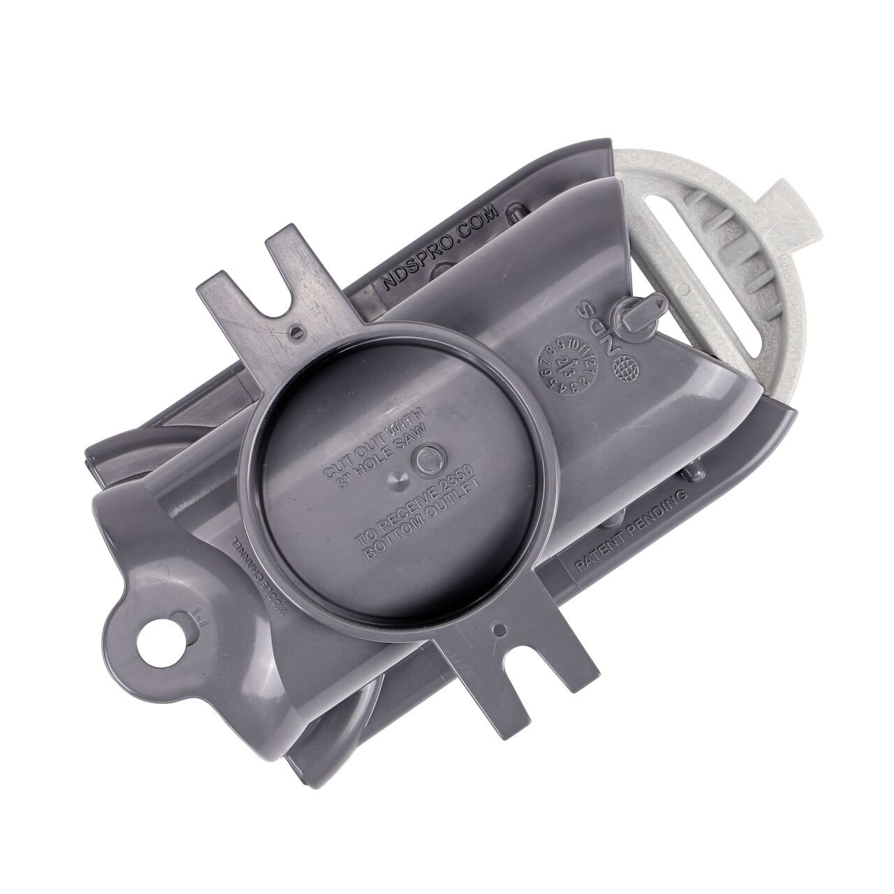 The bottom view of the Spee-D® Contour™ Channel Drain Middle Section and Gray Grate (NDS 400-ACM-WH) shows the circular cutline to add a Spee-D bottom outlet that connects to 3 in. and 4 in. S&D fittings.