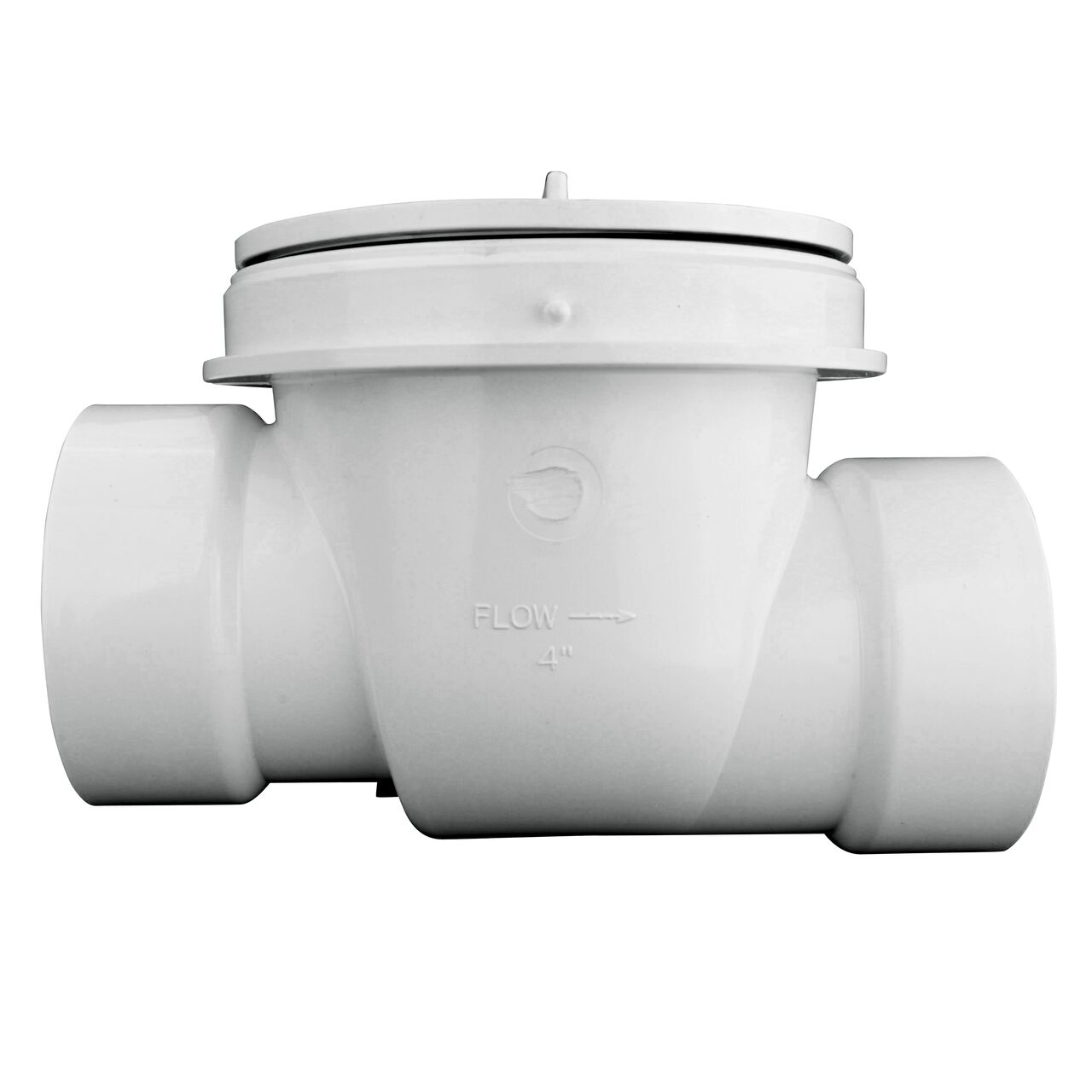 Side view of the NDS White 4 in. PVC Backwater Valve (NDS 475P) shows the water flow direction with arrow
