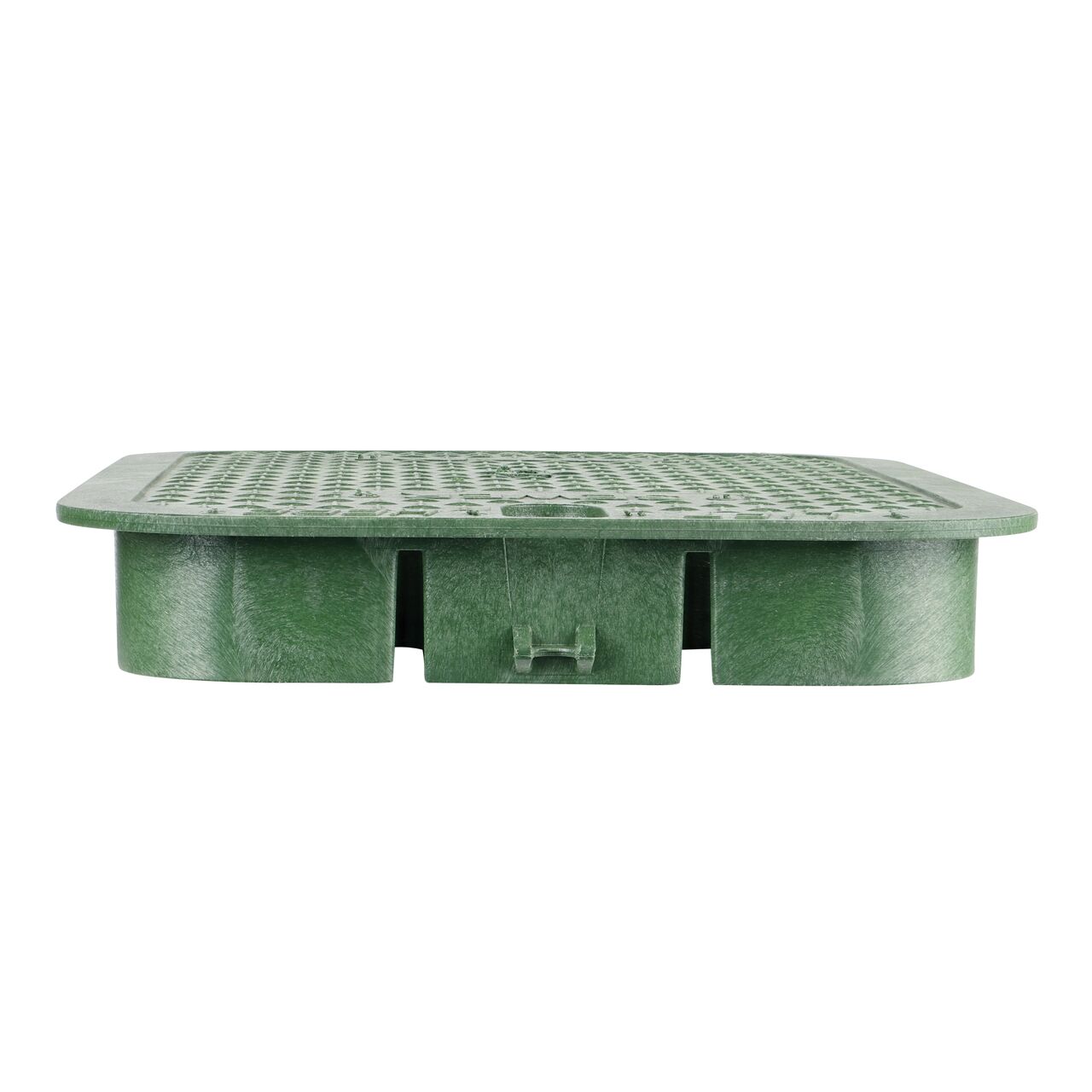 The NDS 14 in. X 19 in. Rectangular Standard Series Green Sewer Water Valve Box Cover (NDS 113CS) is an overlapping lid shown here from the side, and prevents dirt and debris from entering the valve box