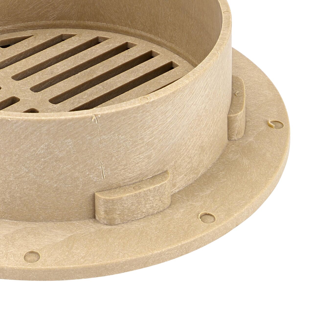 Closeup view of the underside of the NDS 8 in. Sand Round Pipe Drain Grate showing the edge of the drain and the pipe connection point and how it secures on pipe (NDS 30S)