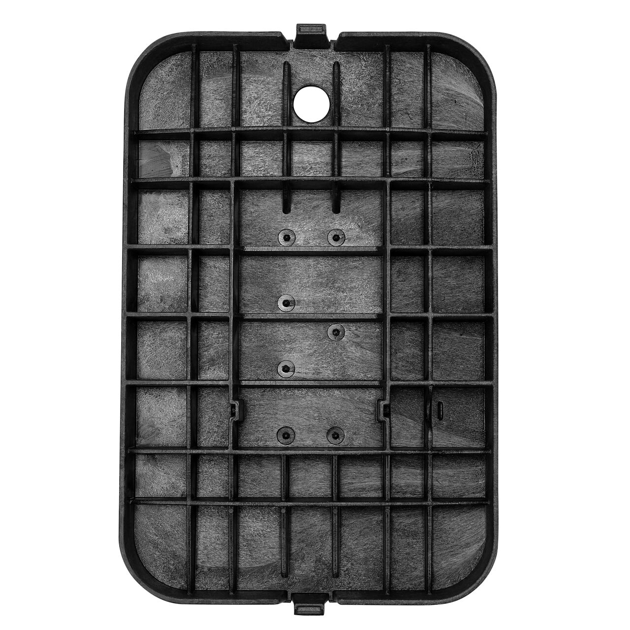 Top down view of the underside of the Black Sewer cover (NDS D1200-DISBSWRL) for the NDS 14 in. X 19 in. Rectangular Standard Series meter box showing reinforcing ribs that help support pedestrian and lawn care equipment