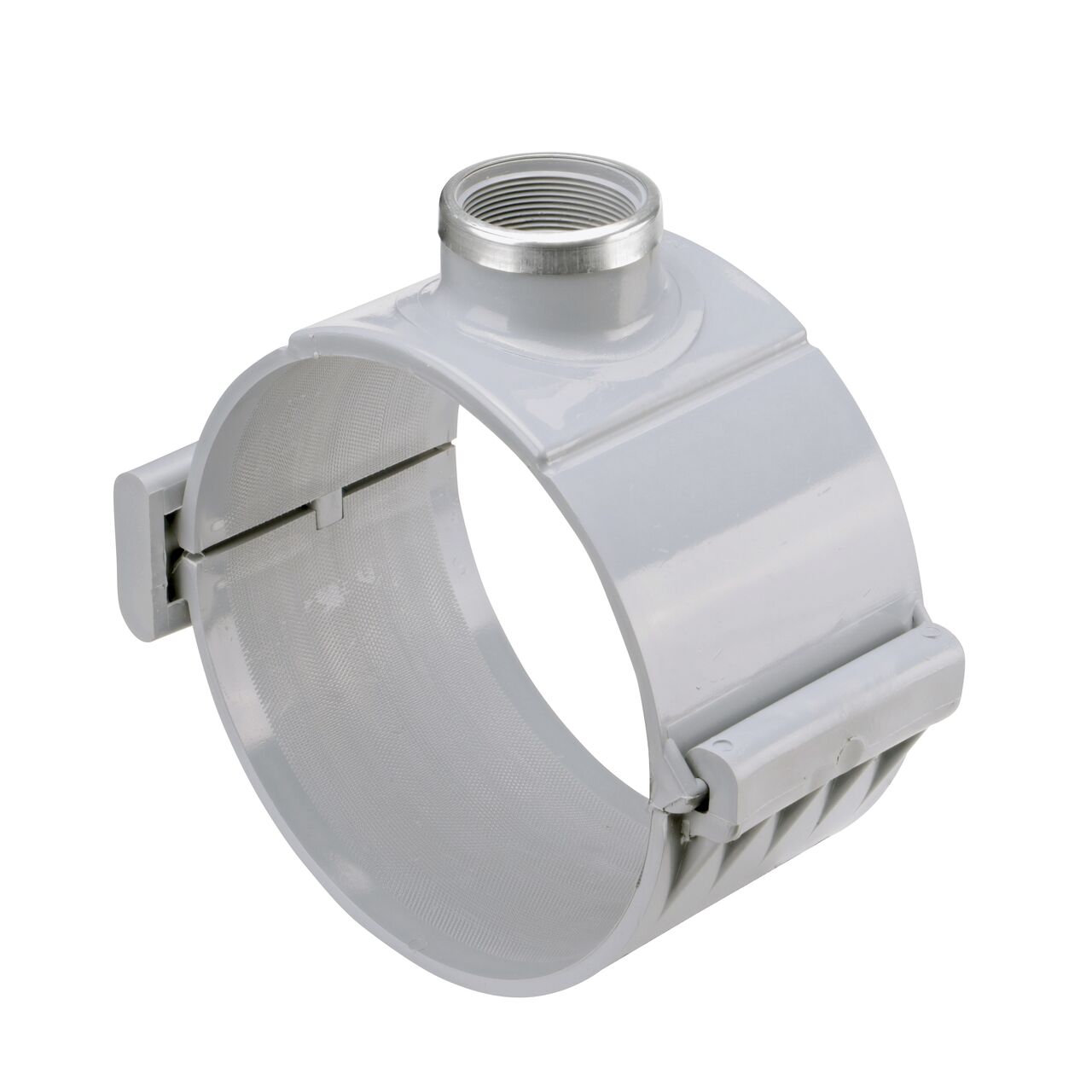 The NDS Clamp-It™ Rigid PVC Saddle with 2 in. FPT connection on top (NDS 448020) for 8 in. PVC pipe has a patented wedge design on one side and hinge on the other to install a sprinkler irrigation system to existing pipe without any bolts