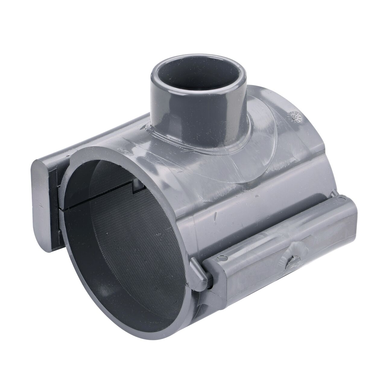 The NDS Clamp-It™ Rigid PVC Saddle with 1-1/2 in. slip connection on top (NDS 454015) for 4 in. PVC pipe has a patented wedge design on one side and hinge on the other to install a sprinkler irrigation system to existing pipe without any bolts