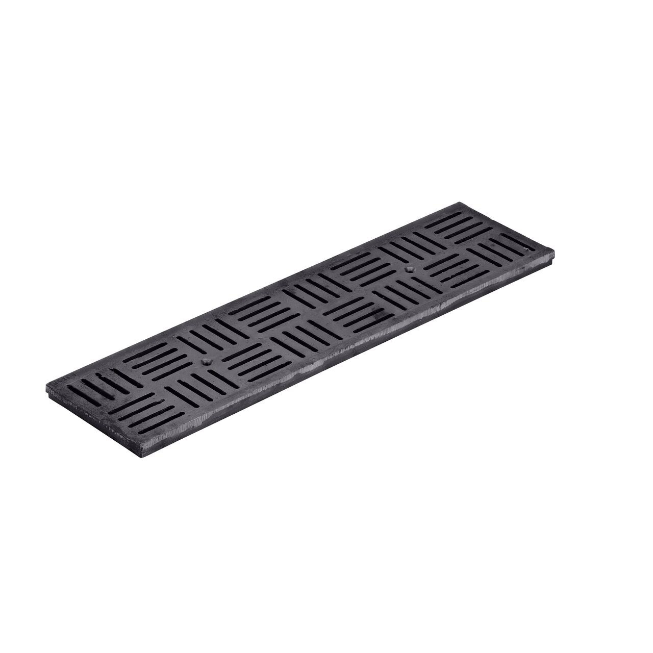 The ductile iron Dura Slope™ Channel Drain Grate (NDS DS-609) is 6 in. wide and 2 ft. long and comes in a deco slot pattern design