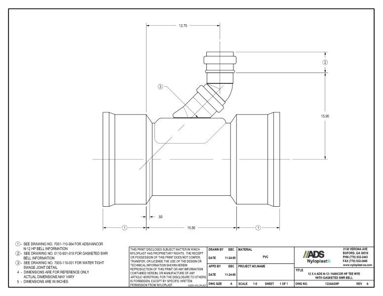 12 x 4 HP Tee Wye with Gasketed SWR Bell Nyloplast Detail