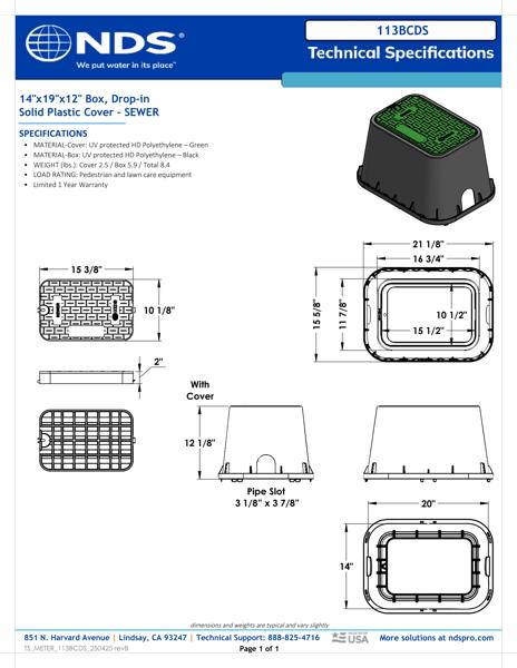NDS 14 in. X 19 in. Rectangular Standard Series Meter Box and Drop-in Cover, 12 in. Height, Black Box, Green Sewer Cover Tech Spec