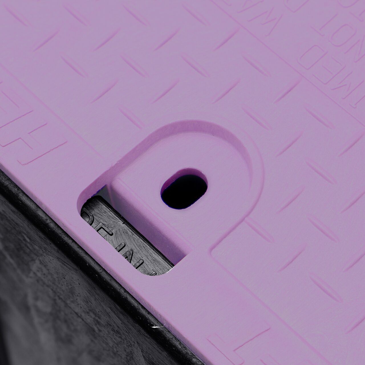 Closeup view of the Black box and Purple cover fully assembled, showing locking tabs, bolt hole connection point and reinforced edges on the side of the NDS name of product (NDS 313BCBR)