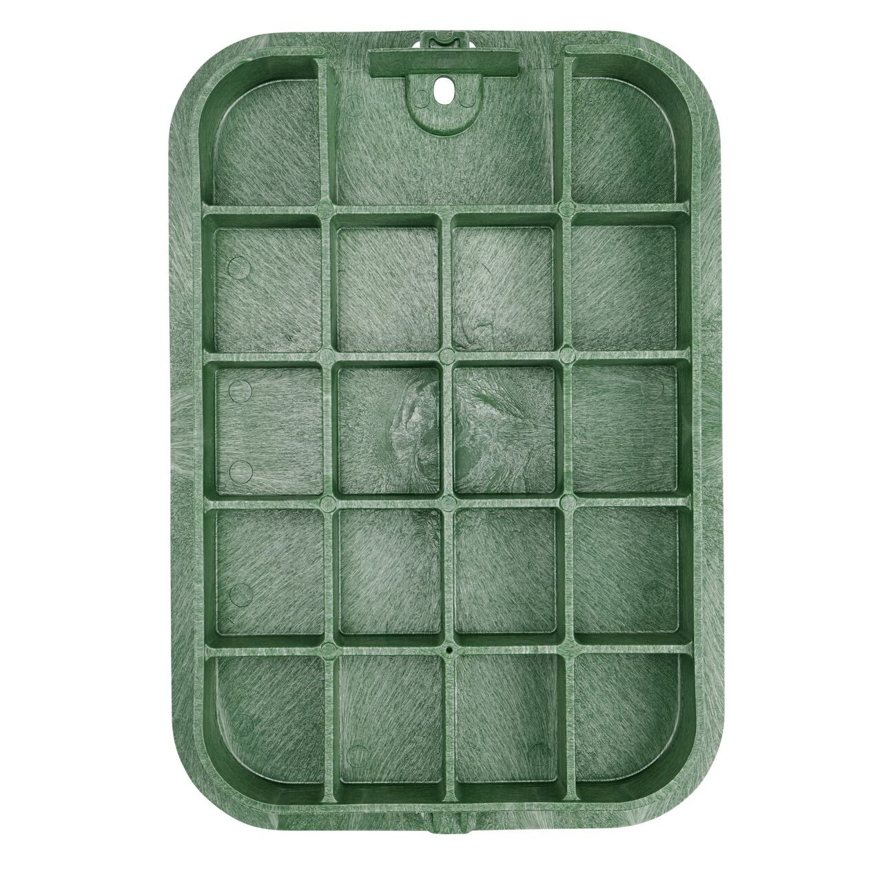 Top down view of the underside side of the Green Irrigation Control Valve cover (NDS 114BCB) for the NDS 14 X 19 Rectangular Standard Series valve box, showing reinforcing ribs that are load rated to withstand pedestrian traffic and the rigors of lawn care equipment