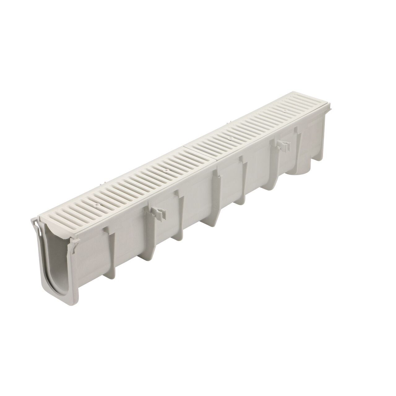 The NDS 8.03 in. to 8.37 in. Deep Dura Slope Channel (NDS DS-103) with two Standard Duraslope Light Gray Grate installed (NDS 661LG)