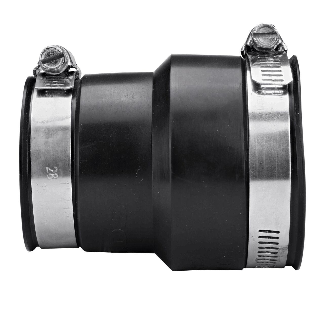 The NDS 2 in. X 1-1/2 in. flex coupling for cast iron/sewer and drain or DWV/copper/steel/lead pipes, in horizontal position, is made with material that flexes with normal earth movement (NDS 56-2150)