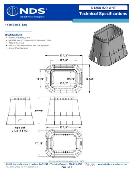 NDS 14 in. X 19 in. Rectangular D1800 Meter Box with Pipe Slot, 18 in. Height, White Tech Spec