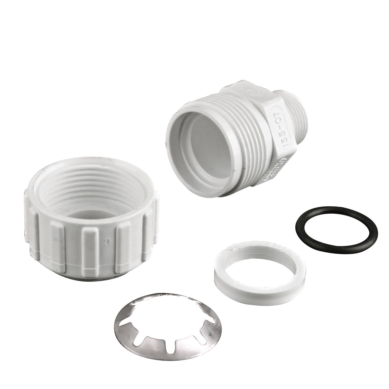 The NDS 3/4 in. Flo-Lock™ Gripper Adapter fully unassembled showing the steel gripper and EPDM O-Ring (NDS 135-07)
