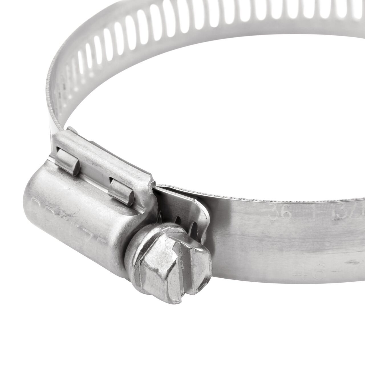 Closeup view of the NDS SAE 36 Worm Drive Hose Clamp with Aero Seal 1/2 in. band width (NDS 64036H) with a 5/16 in. 410 Stainless Steel hex screw; tighten to 30-45 in. lbs. torque to close