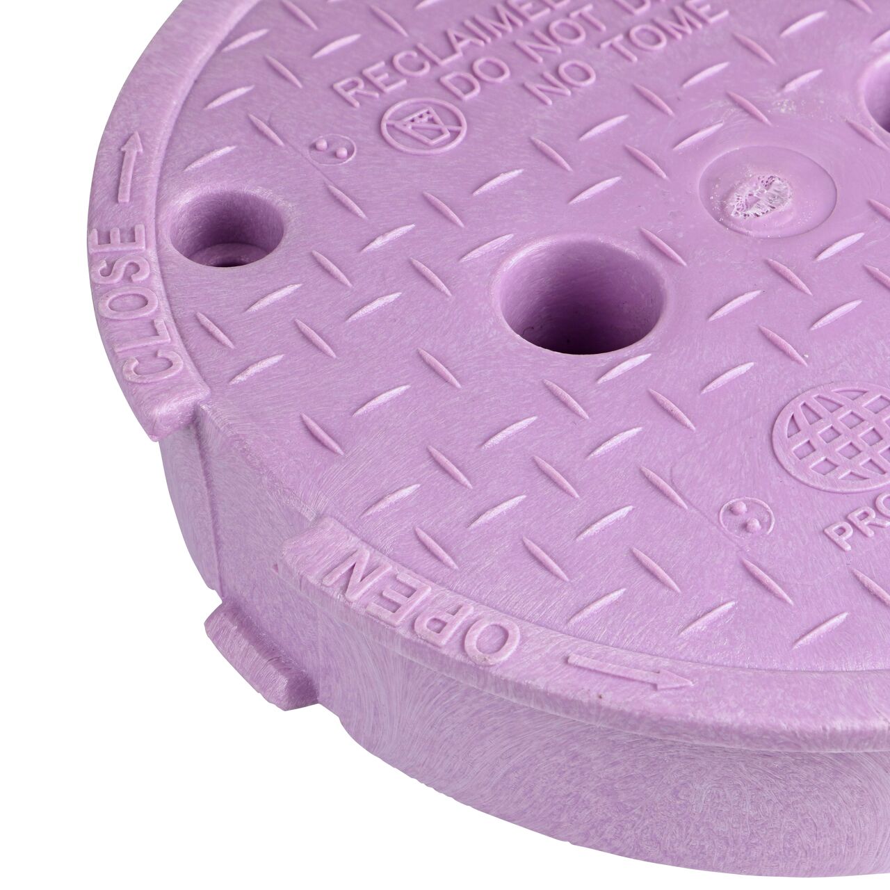 Closeup view of the locking mechanism and bolt hole on the Purple Reclaimed Water cover for the NDS 10 in. Round Pro-Spec® Series Valve Box (NDS 311CR)