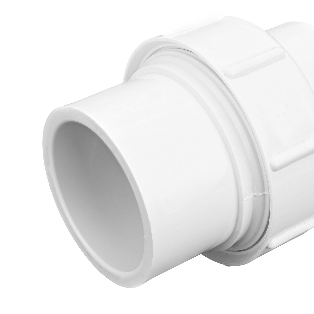 Closeup view of the PVC Union Adapter, 2 in. IPS S X Spigot showing the EPDM O-ring in center of union to create leak-resistant seal (NDS 1600-20)