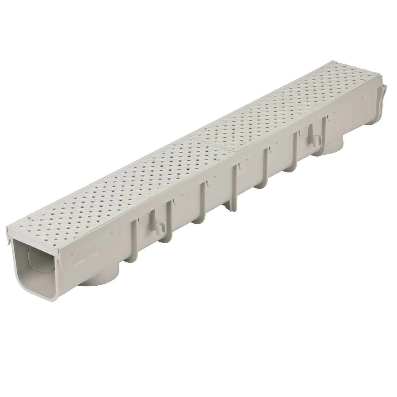 Two Light Gray Plastic 5 in. Pro Series Channel Drain Grates (NDS 826) installed on the 5 in. Pro Series Channel Drain (NDS 800)