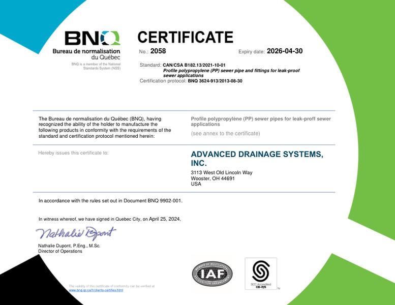 BNQ 3624-913 Profile Polypropylene Sewer Pipe and Fittings CERTIFICATE