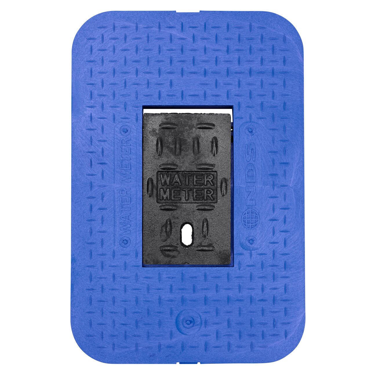 Top down view of the top side of the Blue Water Meter Drop-In cover (NDS D1200-DICIRBLUL) with Cast Iron reader door) for the NDS 14 in. X 19 in. Rectangular Standard Series Meter Boxes