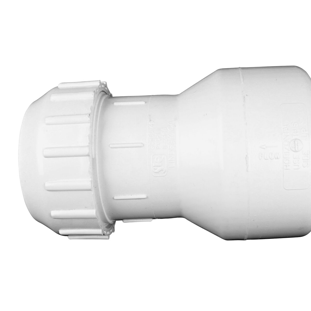 Closeup of the arrow showing water flow on the NDS White 3 in. PVC Compression Swing Check Valve (NDS 1500-30)