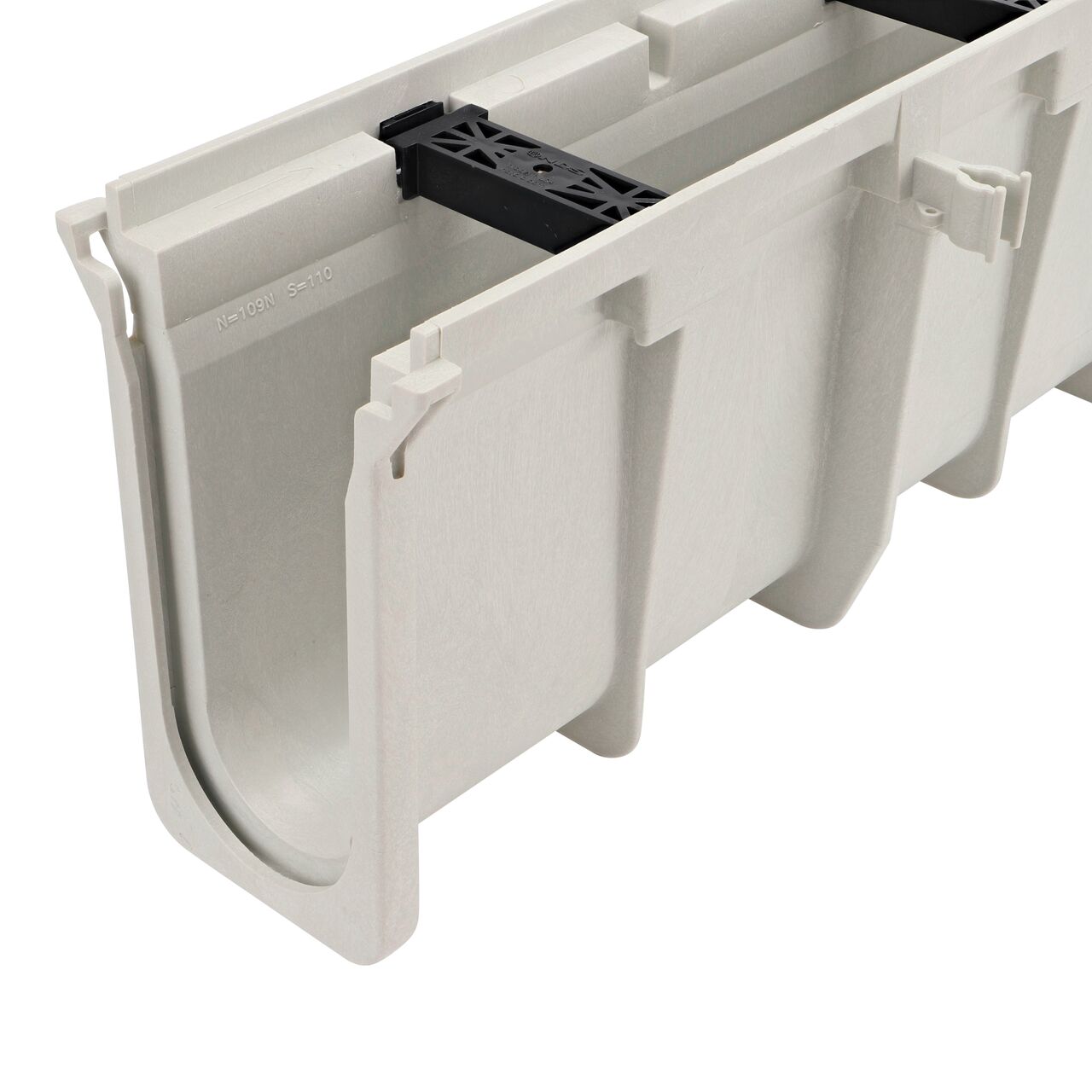 Closeup view of the Dura Slope Channel Drain, 10.38 in. to 10.71 in. Deep, with groove joints facing camera (NDS DS-110)