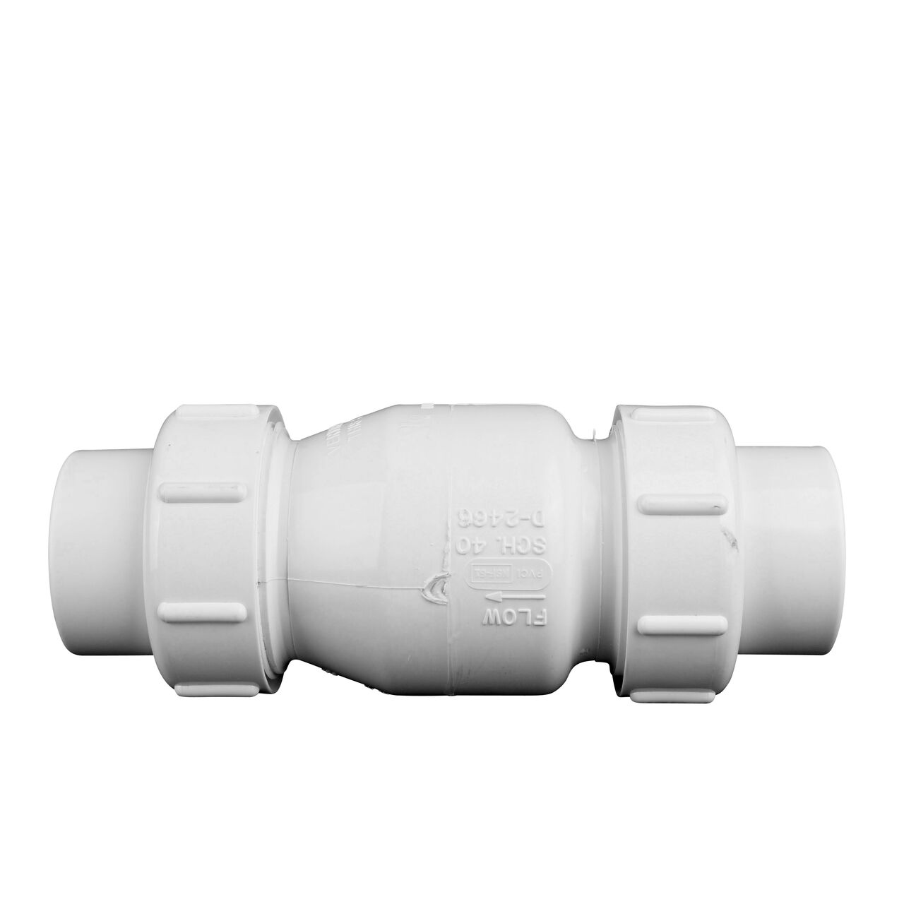 Side view of the NDS White 1-1/2 in. IPS PVC True Union Swing Check Valve (NDS 1720-15)