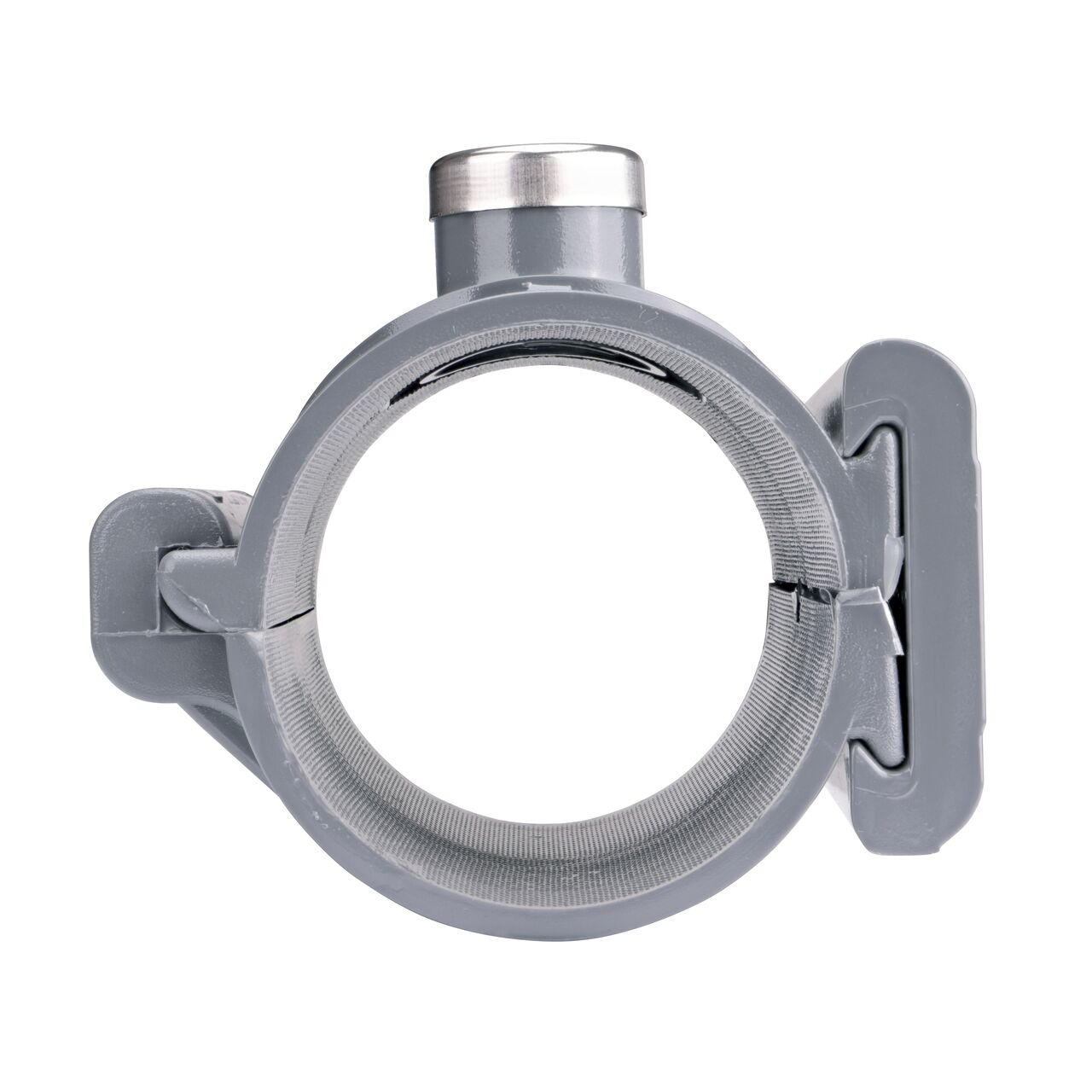Front facing view of the NDS Clamp-It™ Rigid PVC Saddle with 3/4 in. FPT connection on top (NDS 443007) for 3 in. PVC pipe showing both the wedge and hinge sides