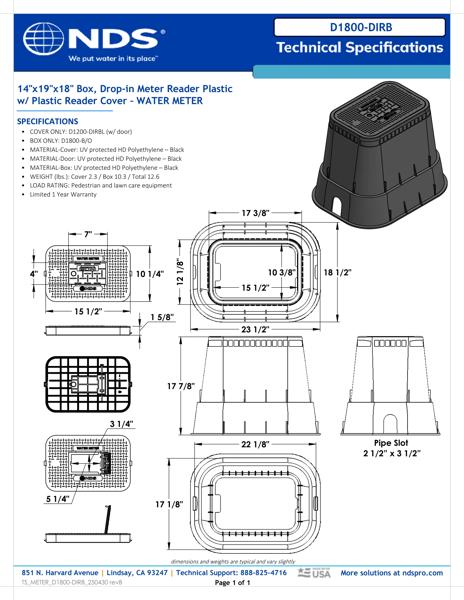 NDS 14 in. X 19 in. Rectangular D1800 Meter Box and Drop-in Cover, 18 in. Height, Black Box, Black Water Meter Cover with Plastic Reader Tech Spec