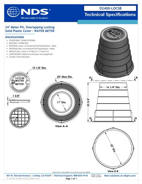 NDS 16 in. Round D2400 Meter Box and Locking Cover, 24 in. Height, Black Box, Black Water Meter Cover Tech Spec