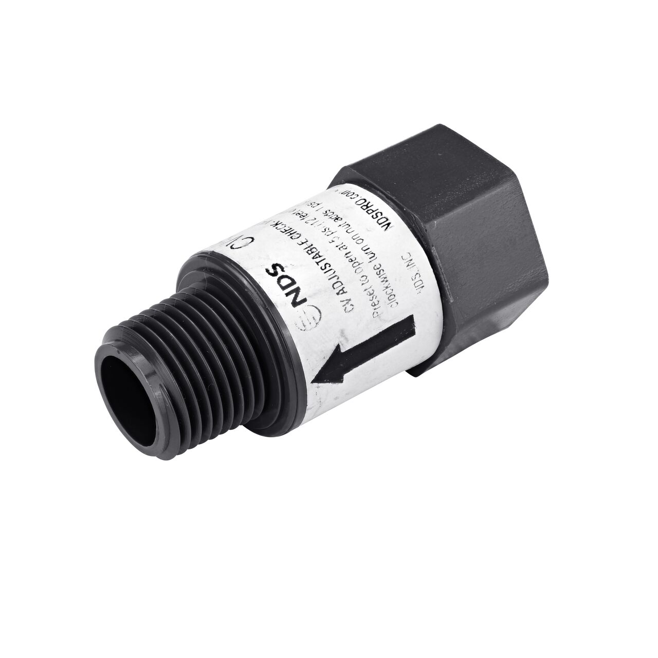 The threaded male end of the NDS Gray 1/2 in. IPS FPT X MPT PVC Adjustable Inline Spring Check Valve (NDS CV-0500-FM)
