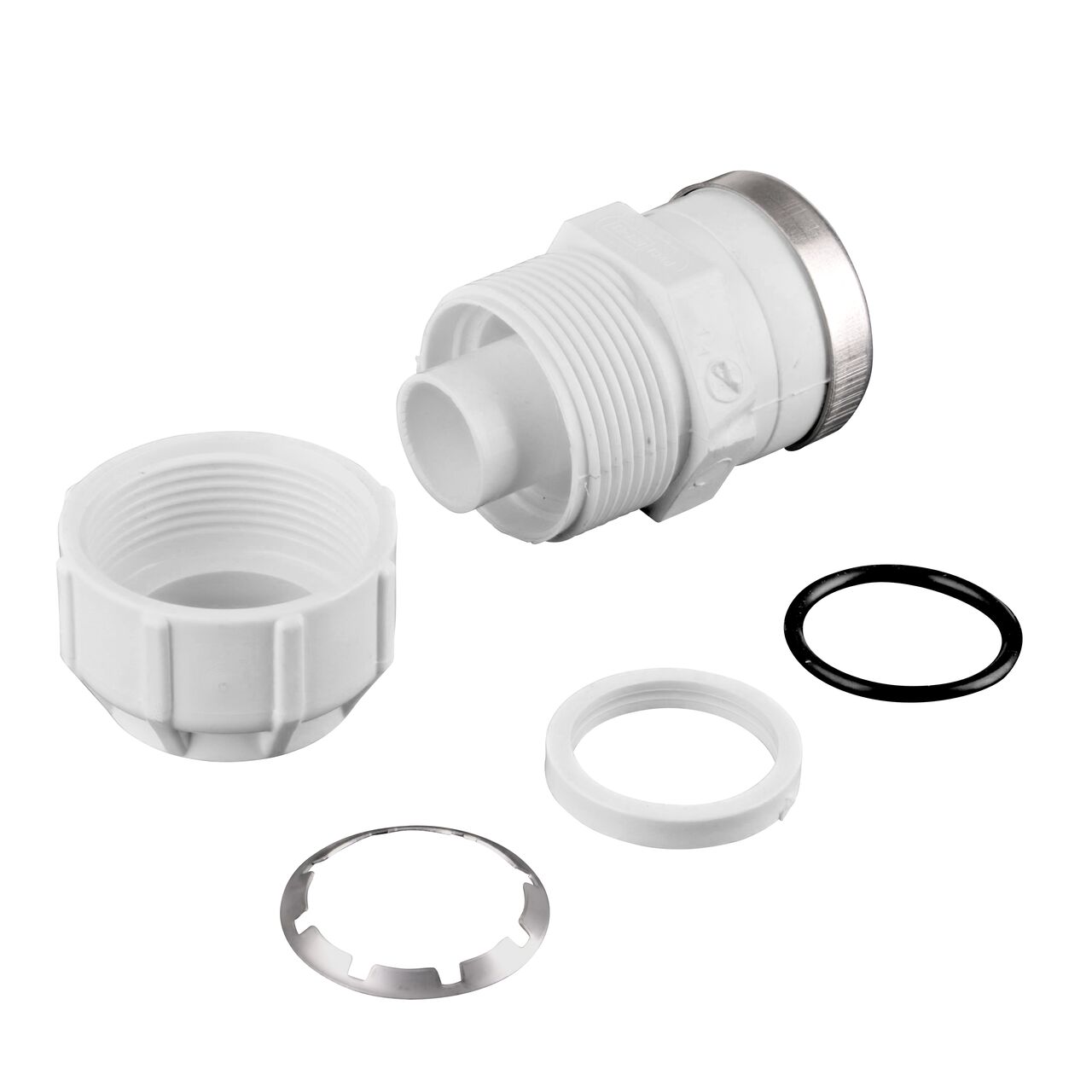 The NDS 1-1/4 in. SDR-9 CTS X 1-1/4 in. FPT Flo-Lock™ Gripper Adapter fully unassembled showing the steel gripper, EPDM O-Ring, and stiffner (NDS 731-12)
