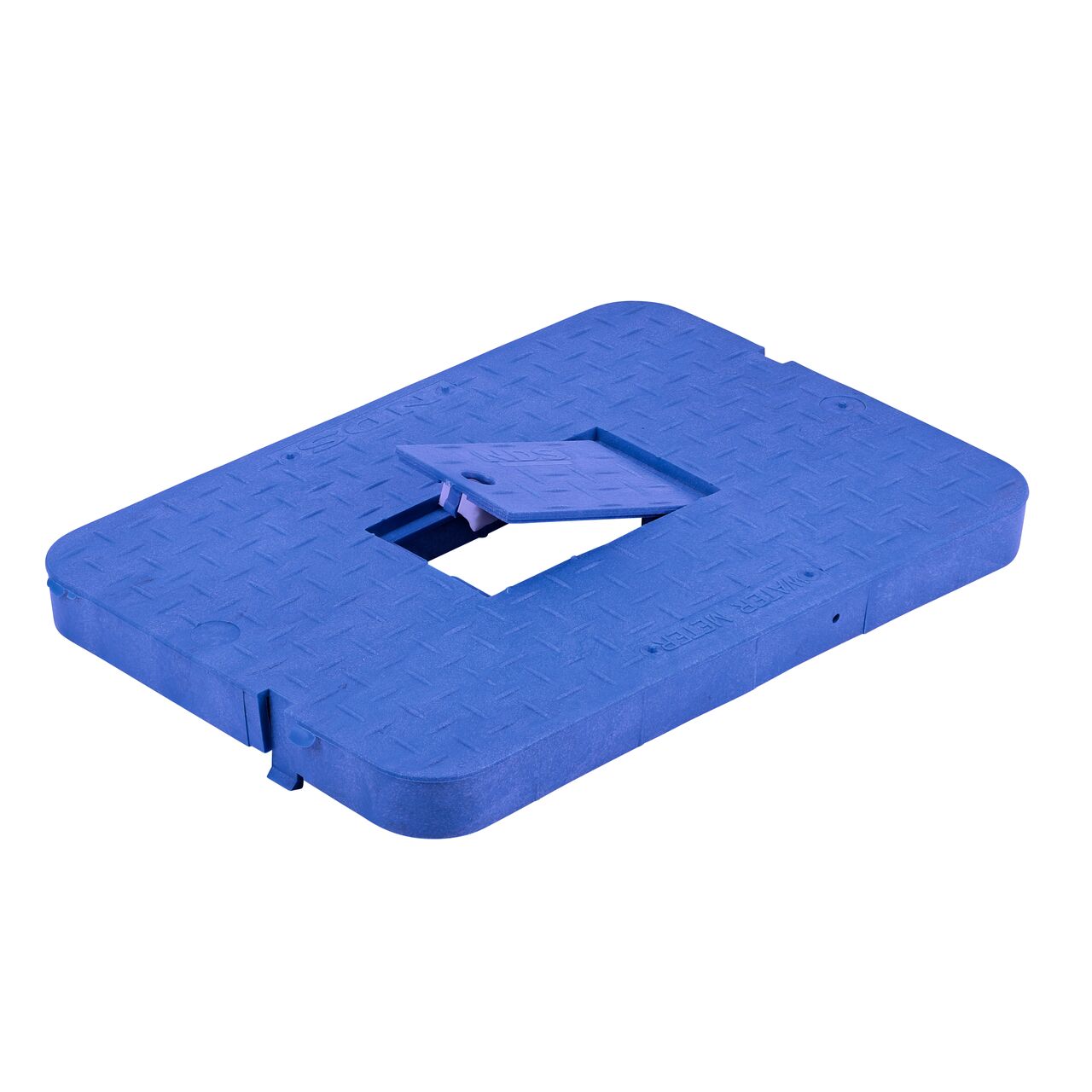The Plastic reader door lifts up for easy access on the NDS 13 in. X 20 in. Blue Water Meter Drop-in cover (NDS D1500-DIRBLU) that fits the NDS 13 in. X 20 in. Standard Series Meter Box