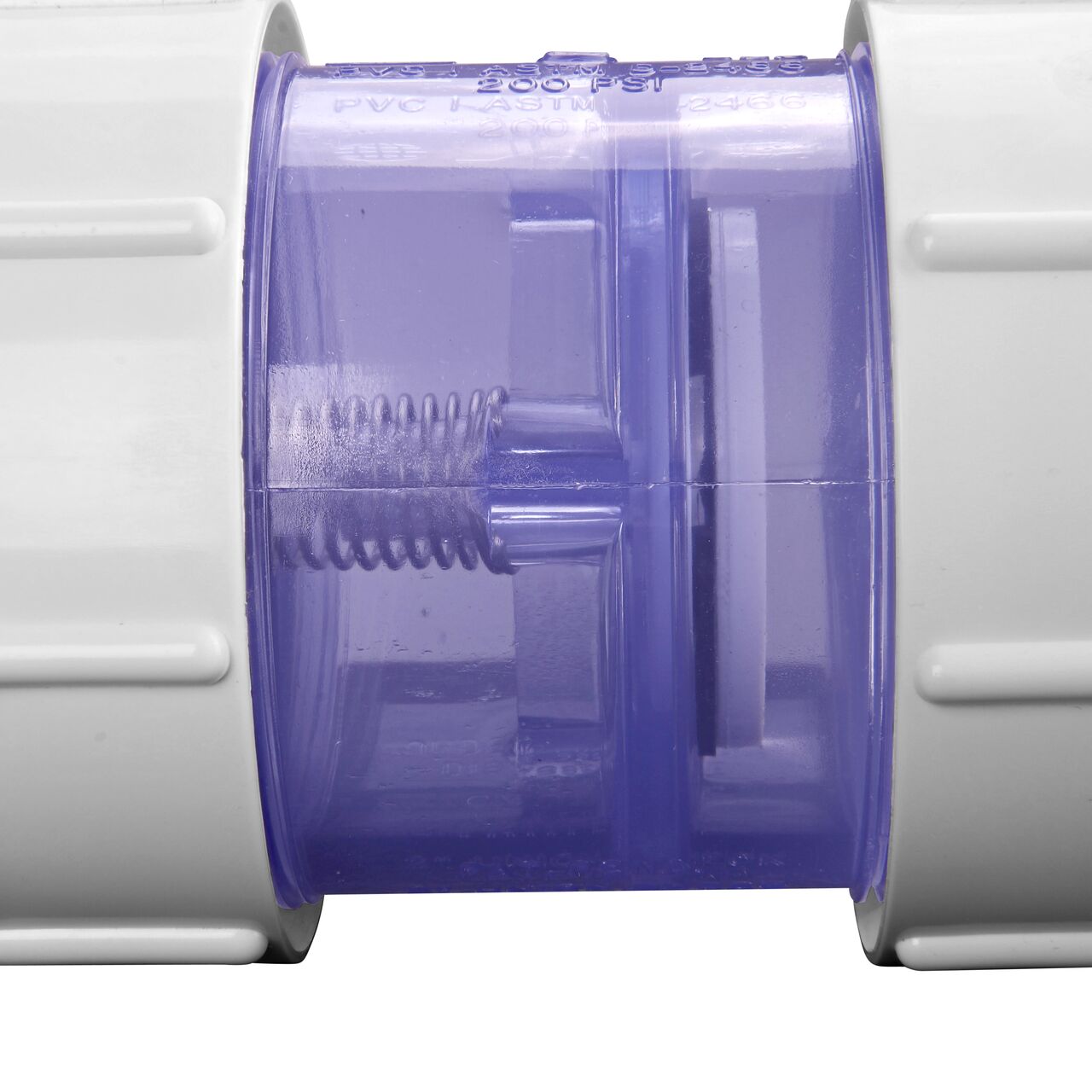Closeup of the spring in the NDS Clear 2 in. IPS slip by slip PVC Compact True Union Spring Check Valve (NDS 1790C20)