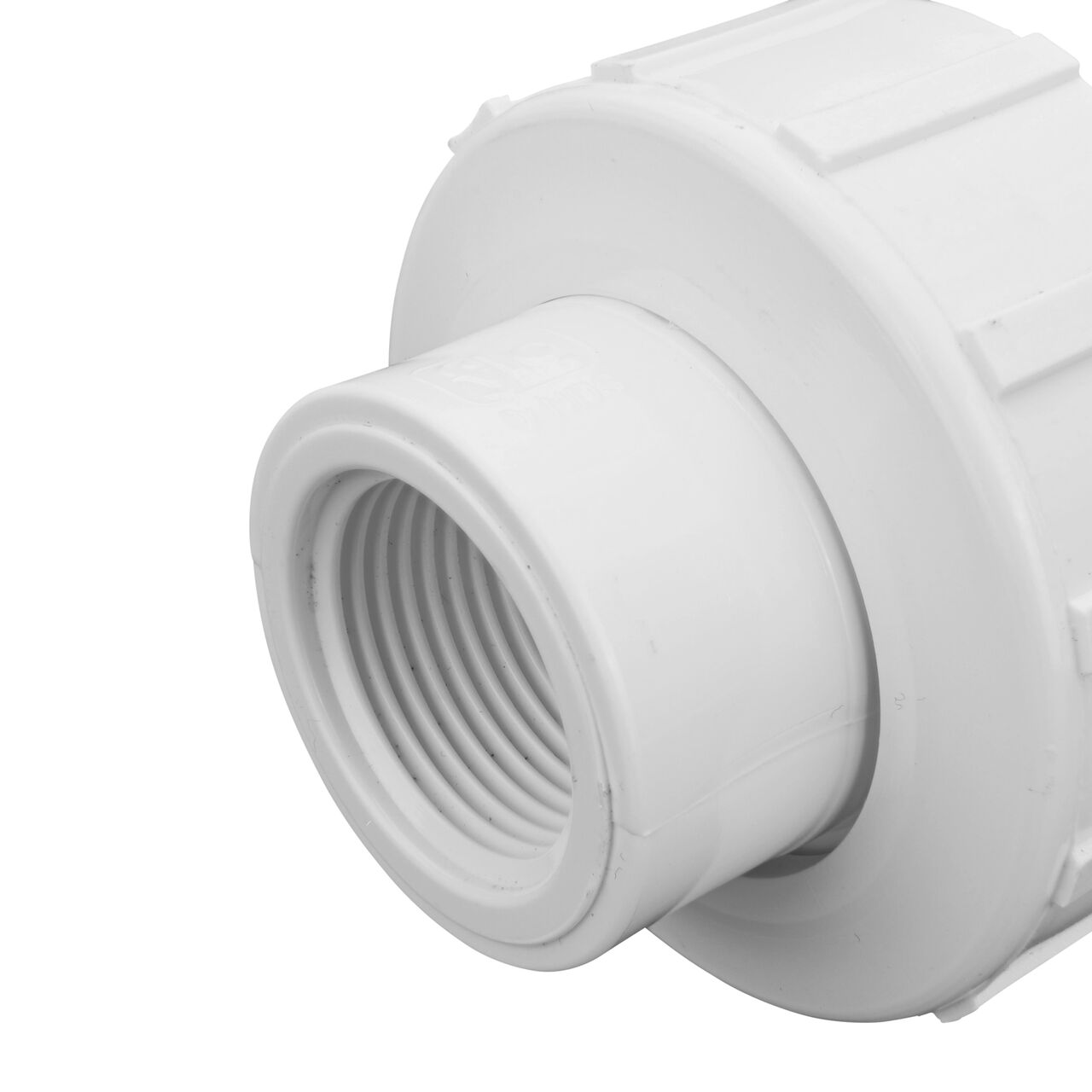 Closeup view of the other threaded end on the PVC Union, 3/4 in. Sch. 40 FPT X FPT (NDS WU-0750-T) which provides a corrosion-free connection between pipes and prevents costly property damage