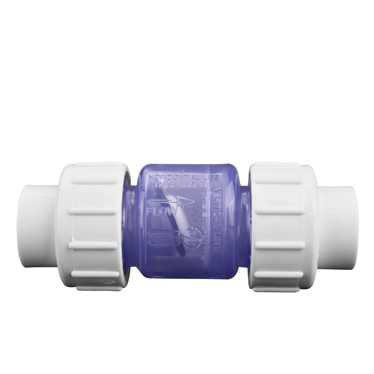 Side view of the NDS Clear 3/4 in. IPS U X U PVC True Union Swing Check Valve (NDS 1720C07)