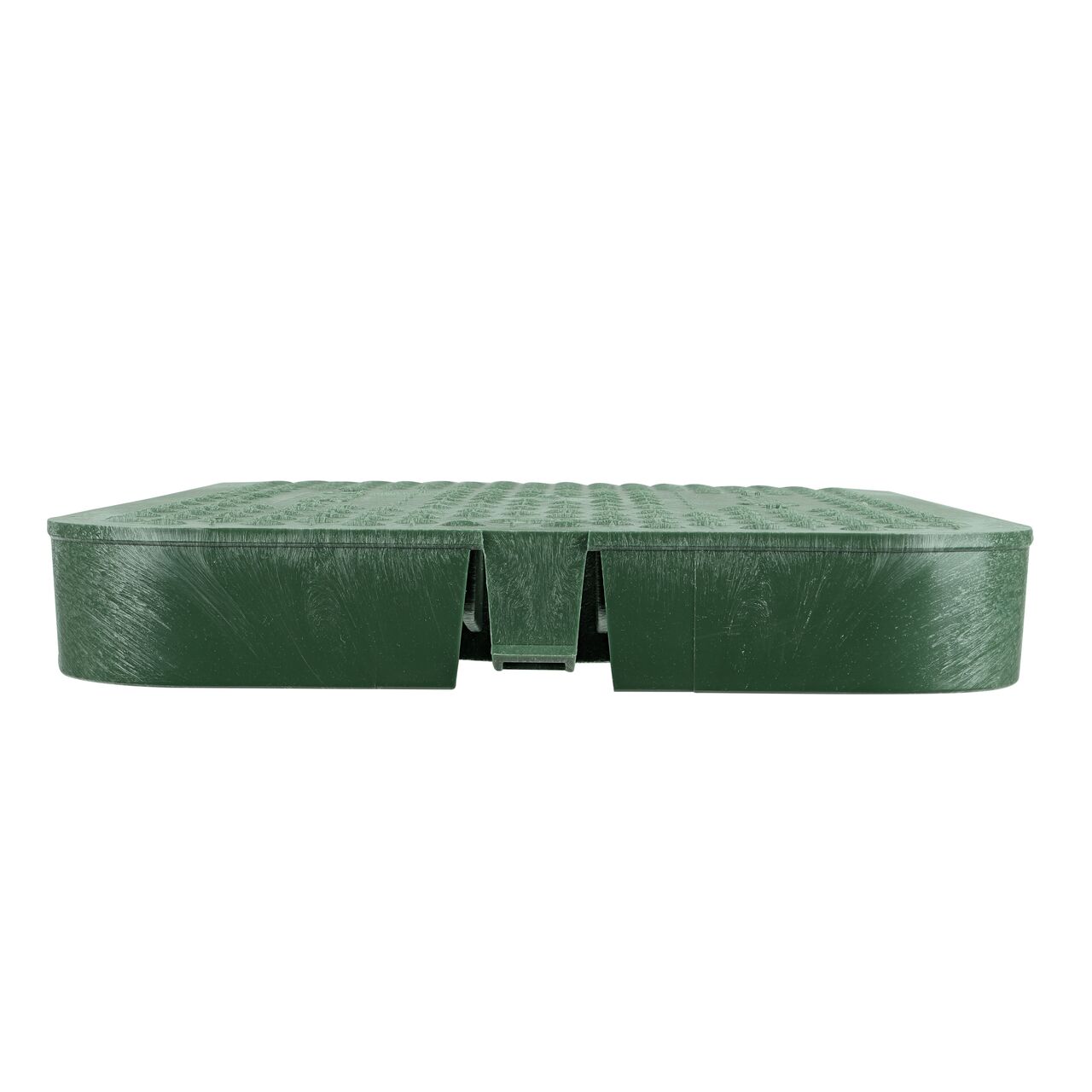 The NDS 14 in. X 19 in. Rectangular Standard Series Green Sewer Meter Box Cover (NDS D1200-DISGSWRL) is an Drop-in lid shown here from the side, that prevents dirt and debris from entering the meter box