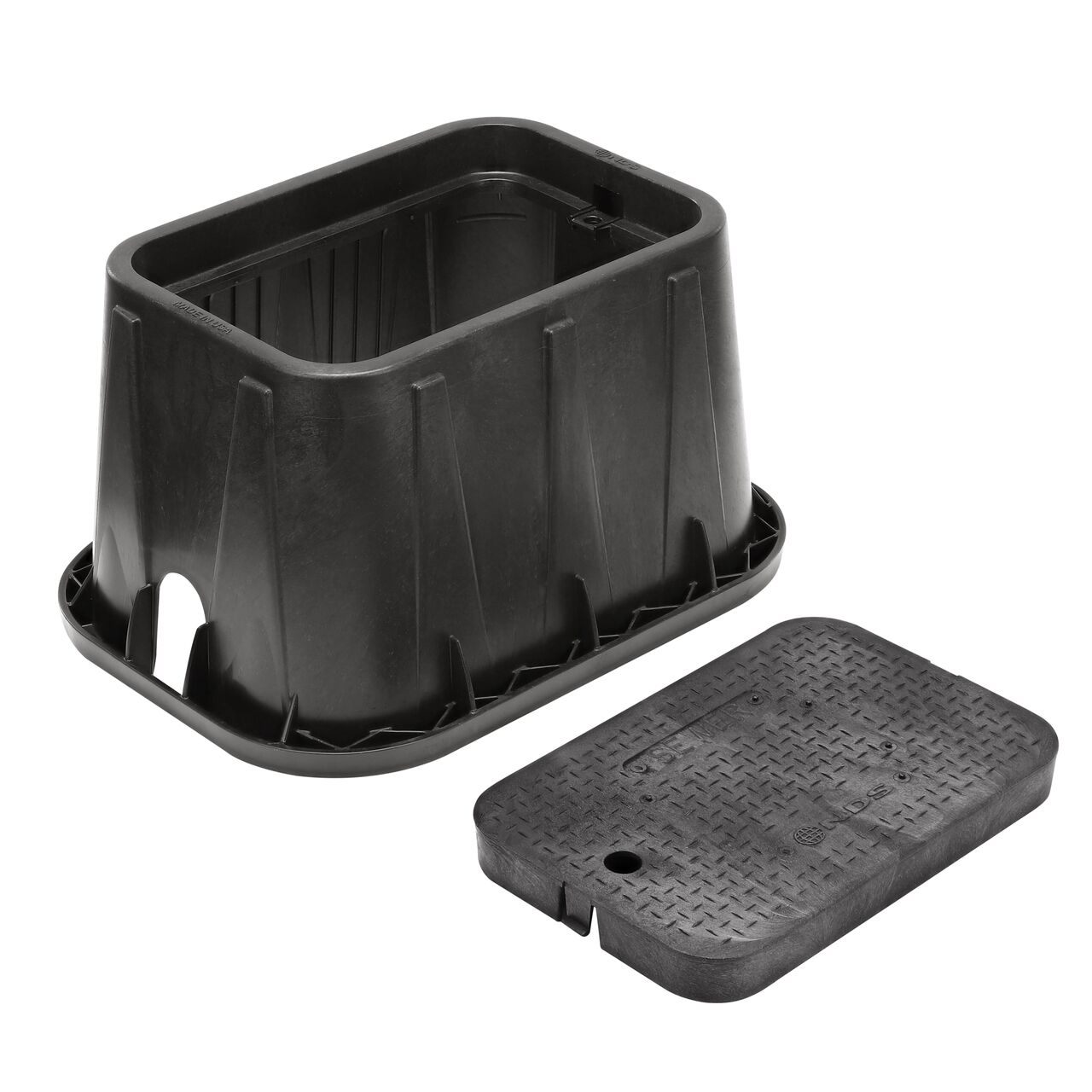 Unassembled View of the NDS 14 in. X 19 in. Black Rectangular Standard Series meter box and Black Sewer Drop-in cover (NDS D1200-DISBSWR) with universal locking mechanism enabling a variety of bolts and screws to be used to secure the covers