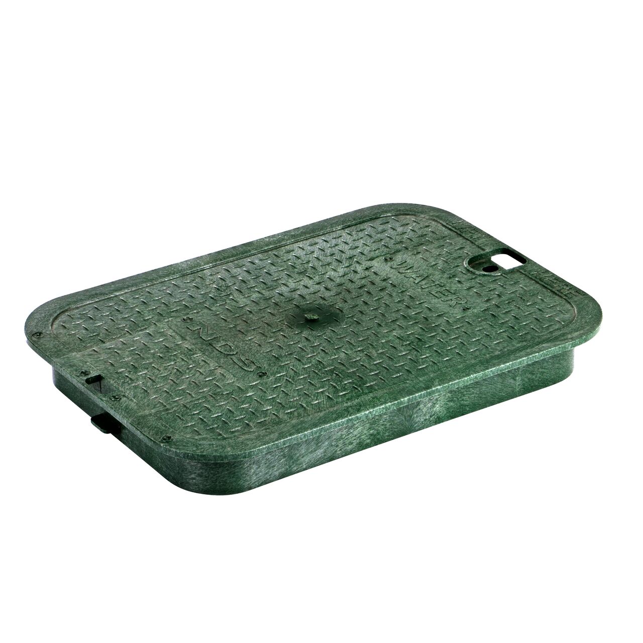 This NDS 14 in. X 19 in. Rectangular Standard Series Valve Box Cover is a Green Cover with water markings on the lid and fits NDS standard series 14 in. X 19 in. valve boxes (NDS 114CW)