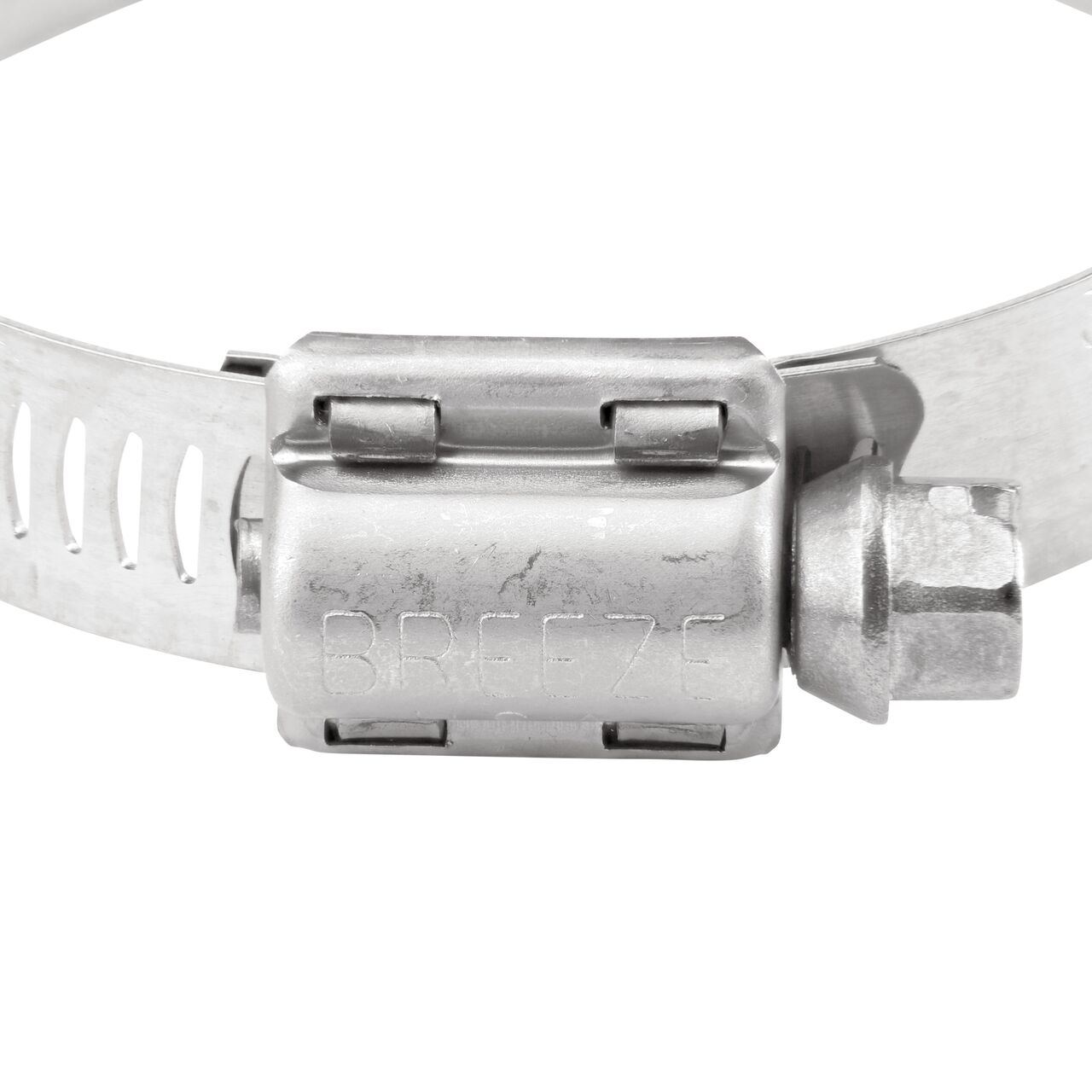 Closeup view of the two-piece clamp housing made of Series 300 Stainless Steel on the NDS SAE 32 Worm Drive Hose Clamp with Aero Seal 1/2 in. band width (NDS 64032H)