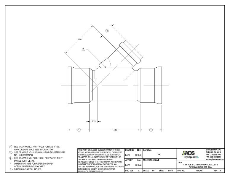 8 x 6 N-12 Dual Wall Wye with Gasketed SWR Bell Nyloplast Detail